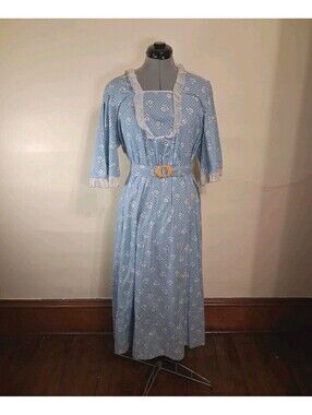 Vintage 1930s/1940s House Dress, Floral Ruffled Sz L/XL Belted handmade